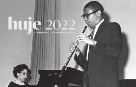 A black and white photo of saxophonist Andrew White and pianist Constance Hobson, in performance