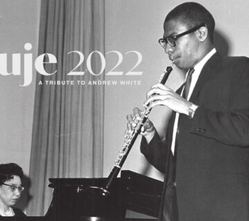 A black and white photo of saxophonist Andrew White and pianist Constance Hobson, in performance